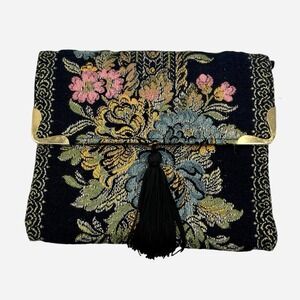 Vintage 1960s Fine Arts Clutch Bag Tapestry Floral Tassel Black Blue Pink Gold